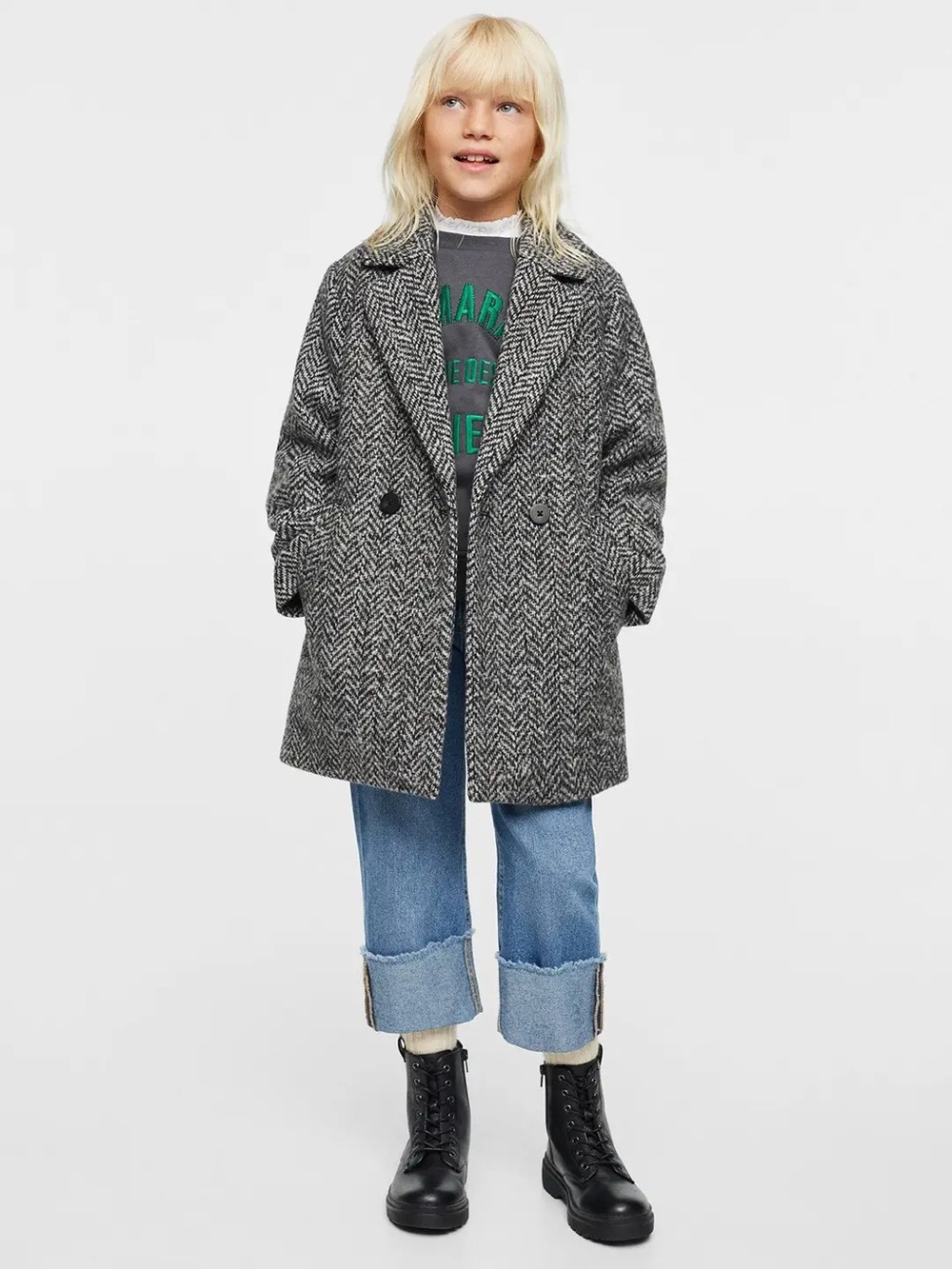 MANGO Kids Girls’ Herringbone Wool-Blend Coat, Size 7 / 122 cm